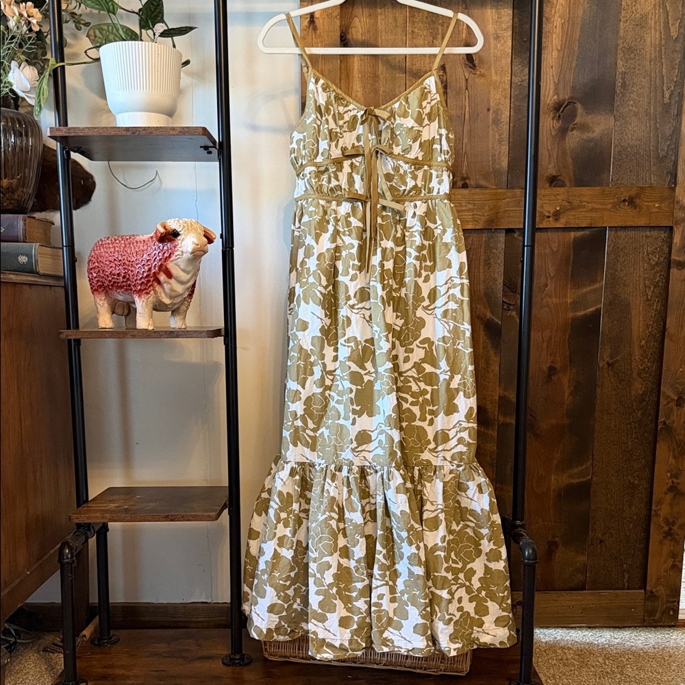 Floral Maxi Sundress with Ruffle Hem - Olive/White